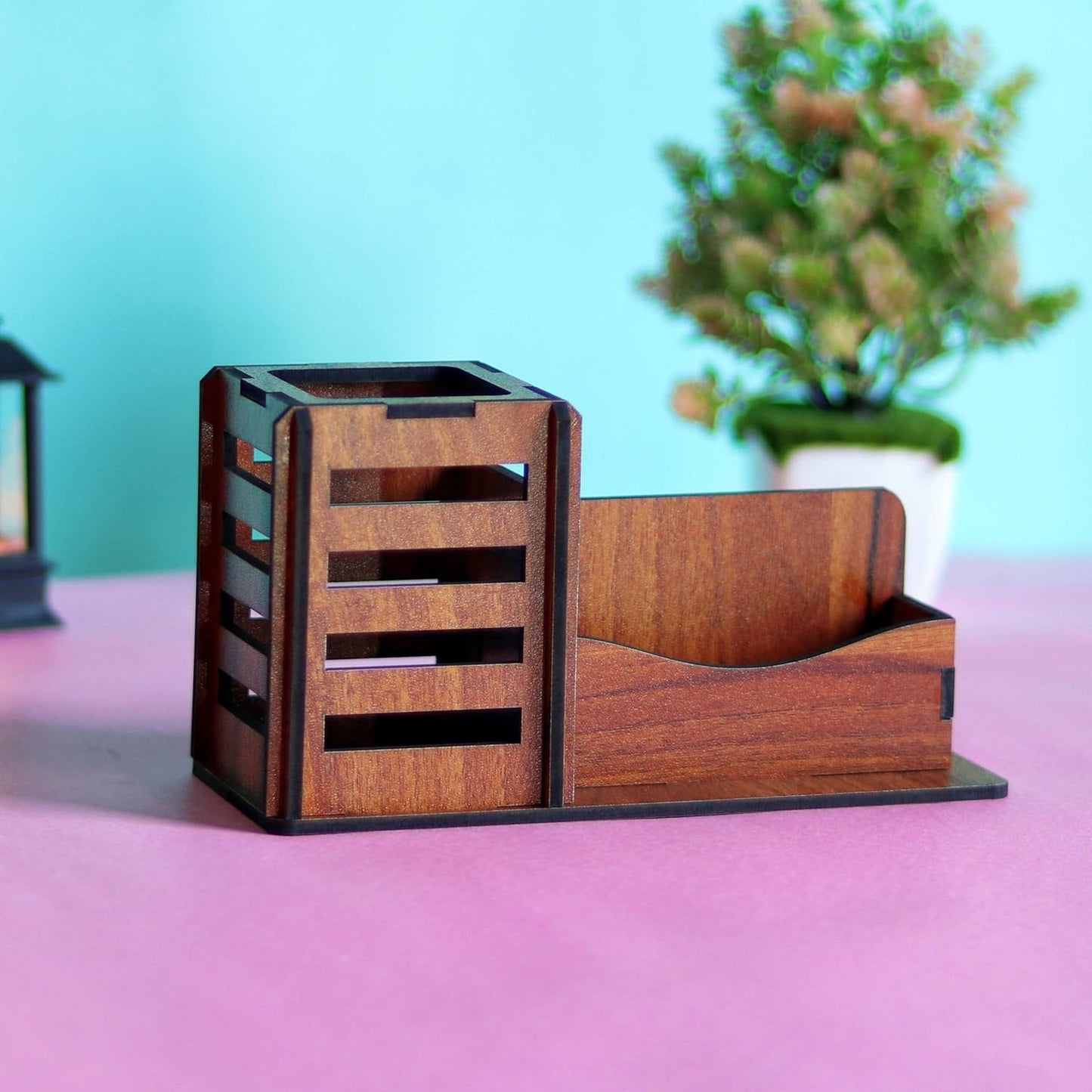 WoodHeart Classic Wooden Desk Organizer with Pen Stand & Card Holder