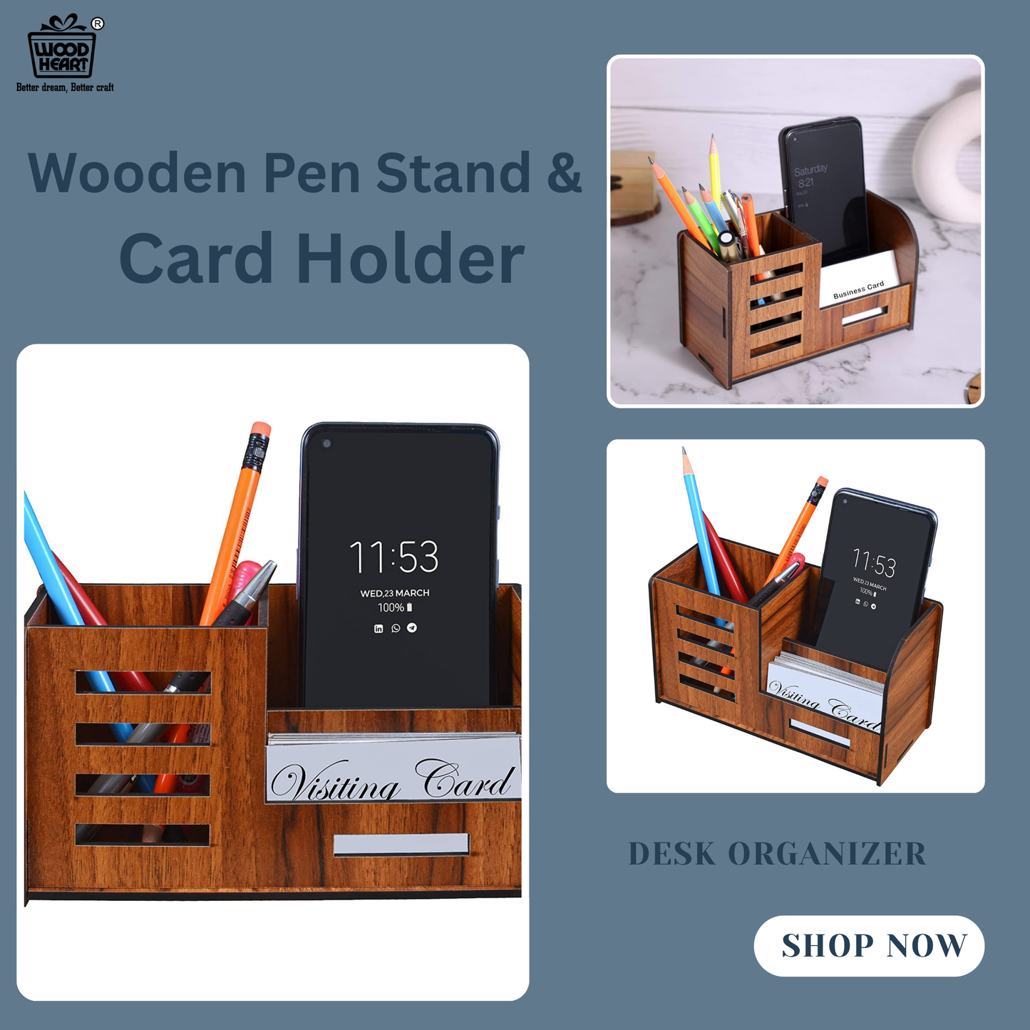 WoodHeart Wooden Multipurpose Desk Organizer