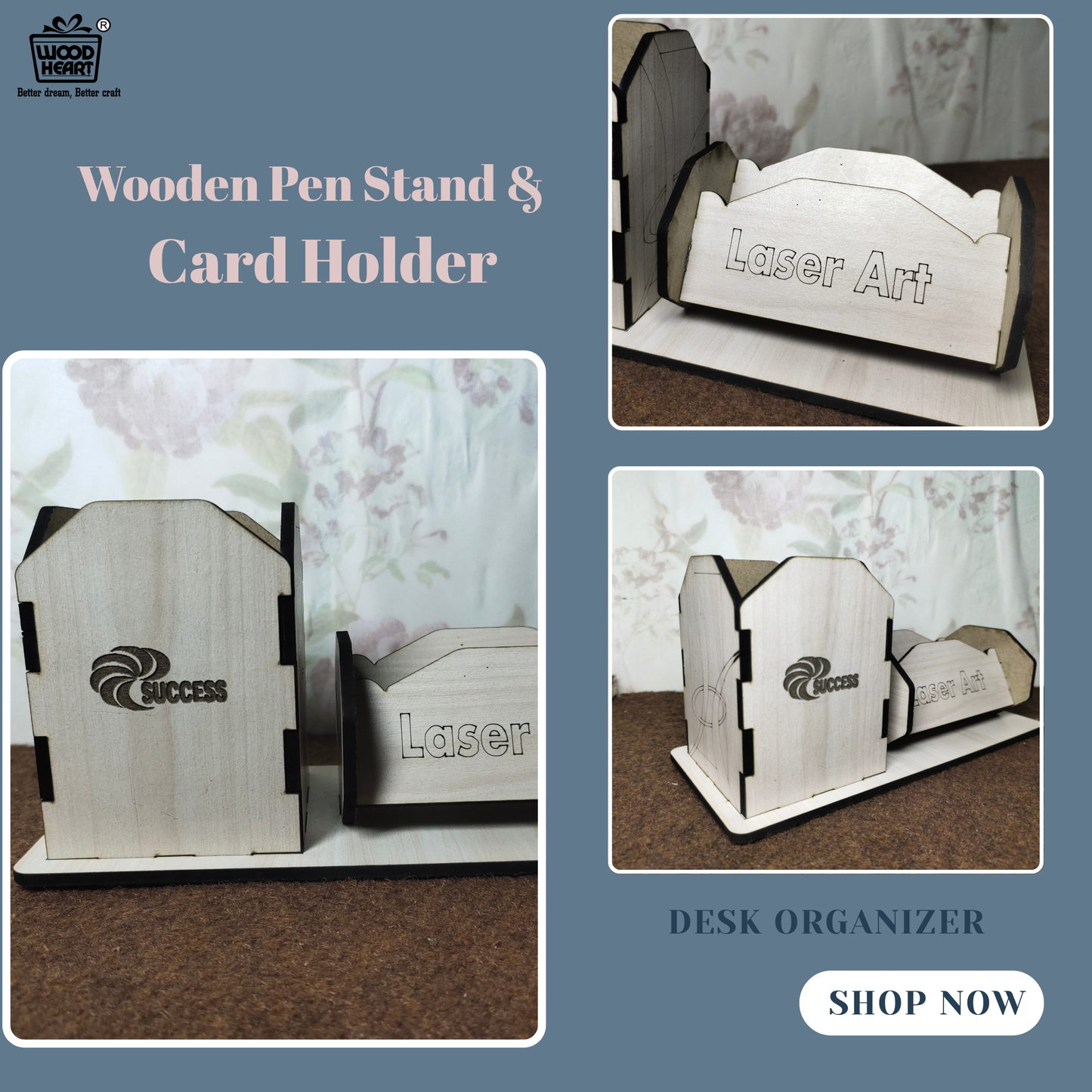 WoodHeart Dual-Slot Laser Engraved Wooden Desk Organizer