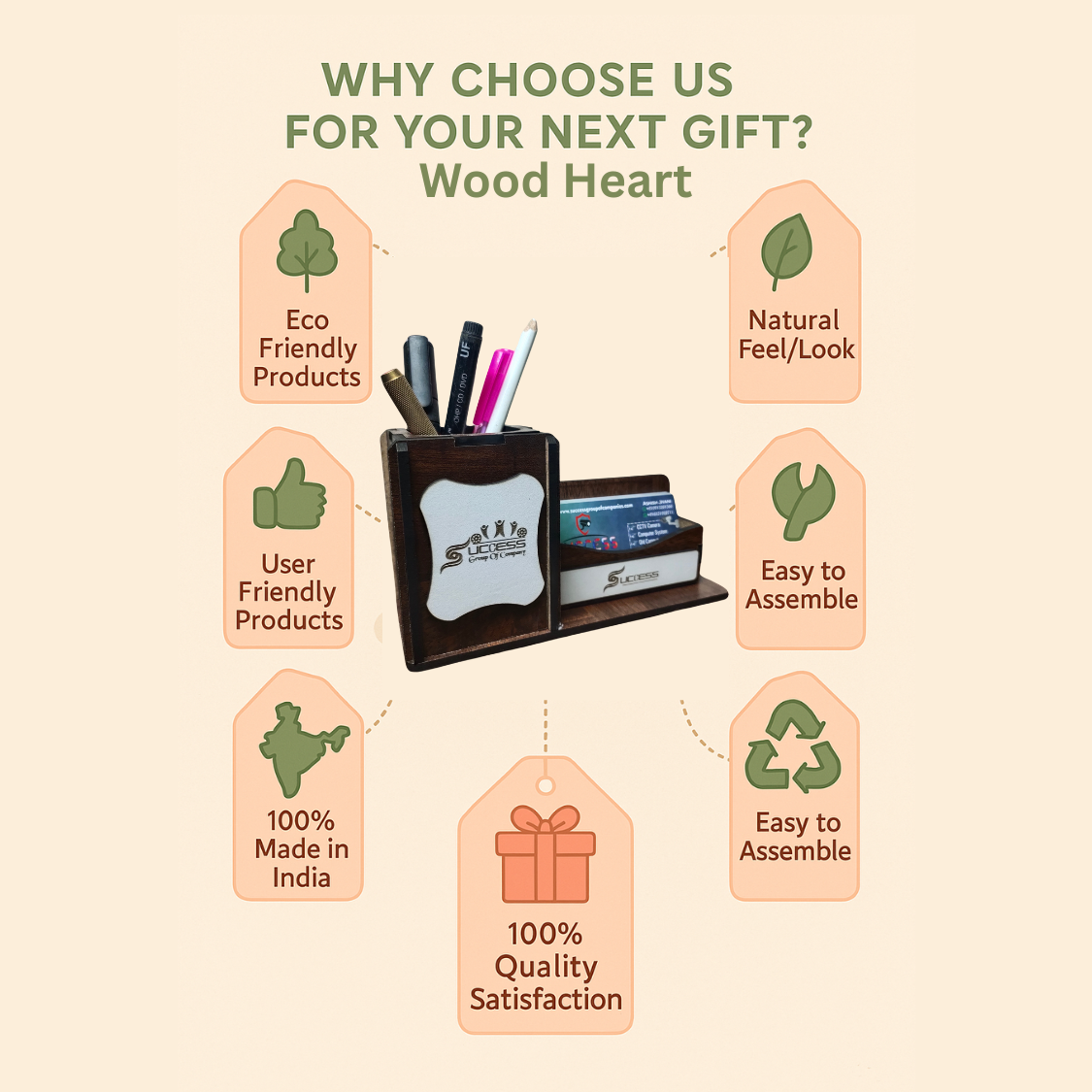 WoodHeart Premium Wooden Pen & Visiting Card Holder – Success Edition