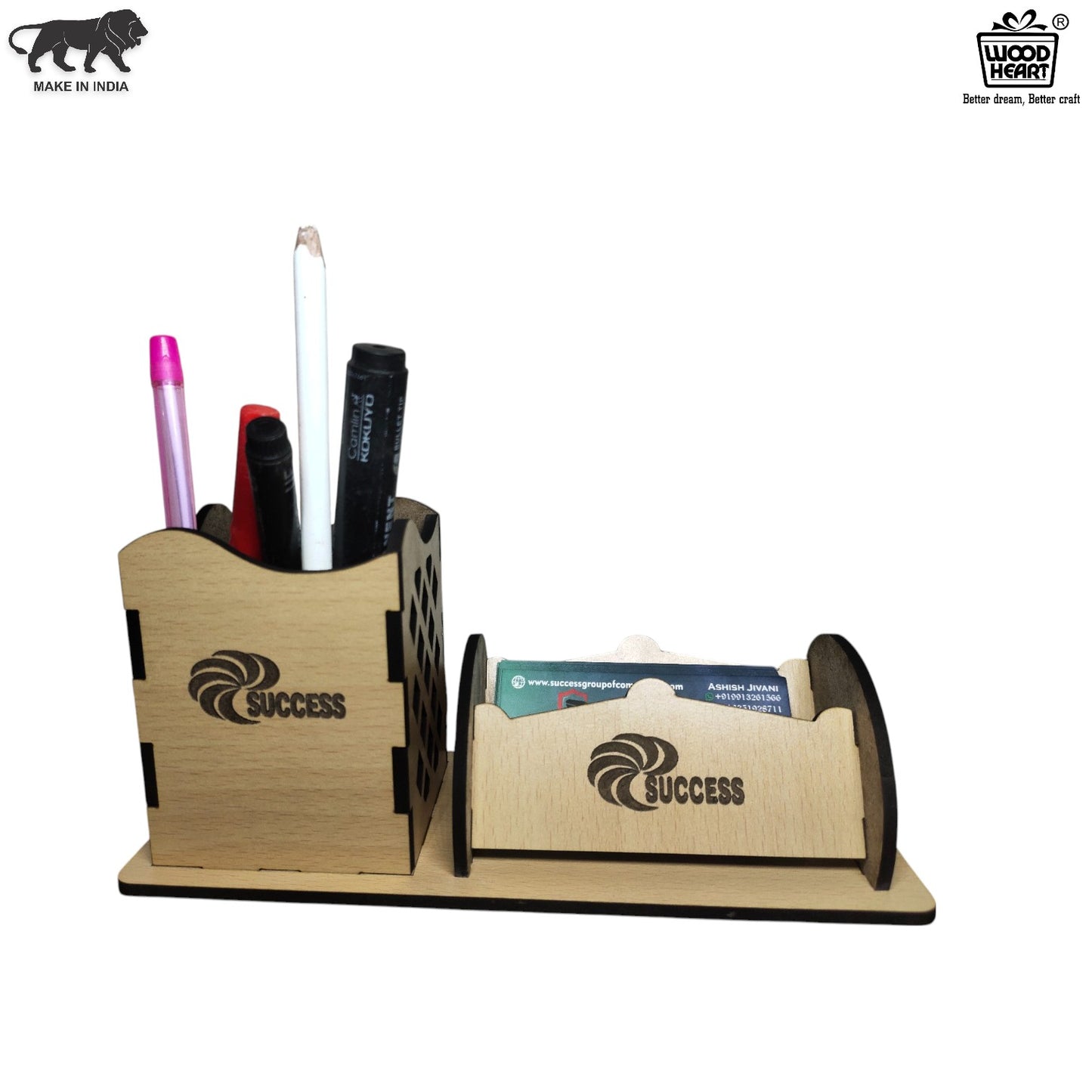 WoodHeart Premium Wooden Desk Organizer – Pen & Card Combo Stand