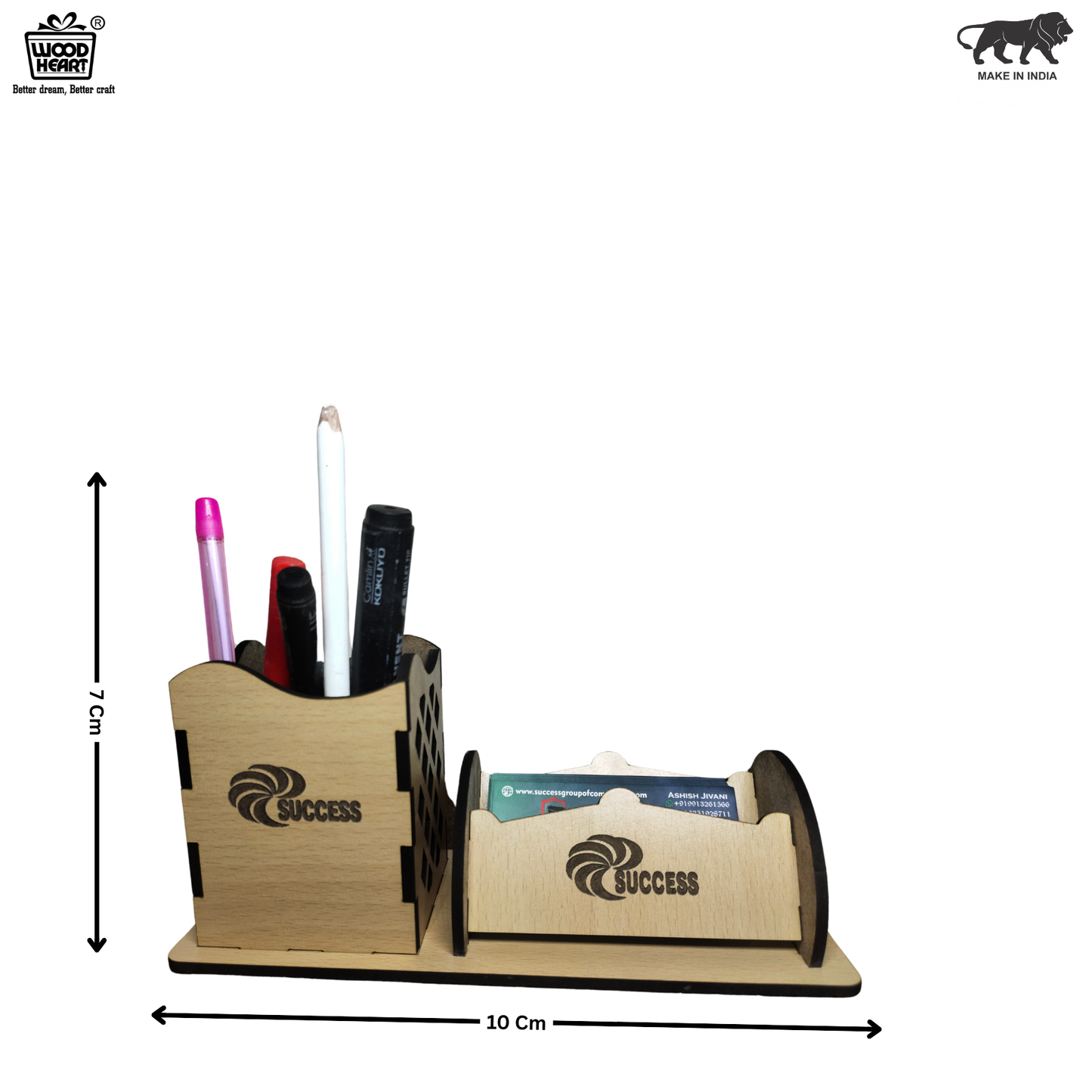WoodHeart Premium Wooden Desk Organizer – Pen & Card Combo Stand