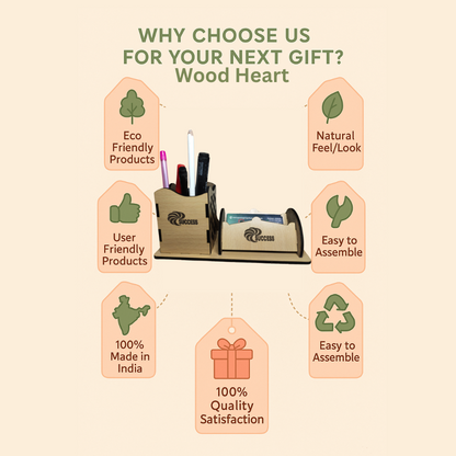 WoodHeart Premium Wooden Desk Organizer – Pen & Card Combo Stand