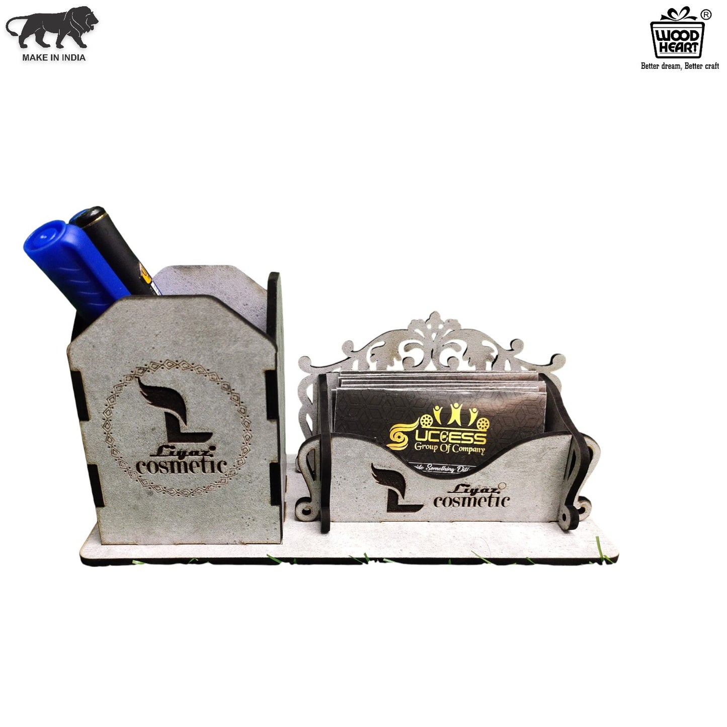 WoodHeart Royal Grey Wooden Desk Organizer – Pen & Card Holder Combo