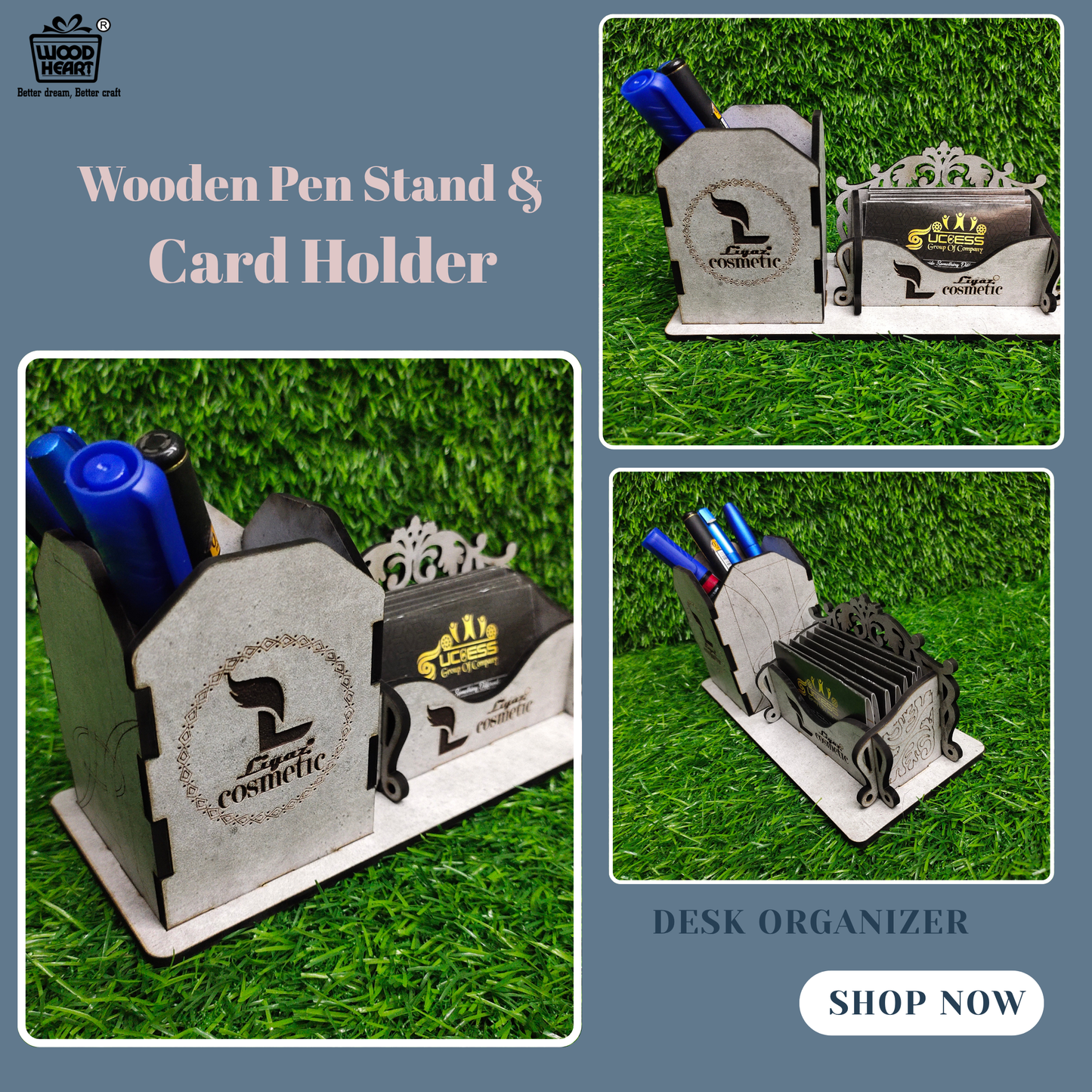 WoodHeart Royal Grey Wooden Desk Organizer – Pen & Card Holder Combo