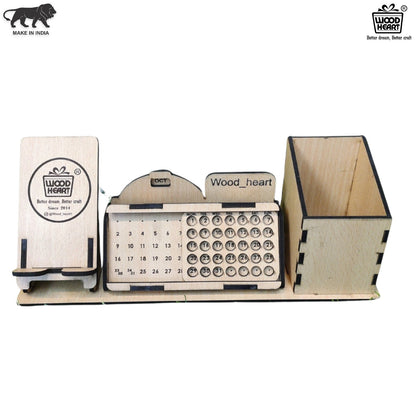 WoodHeart 3-in-1 Wooden Desk Organizer with Calendar, Pen Stand & Mobile Holder