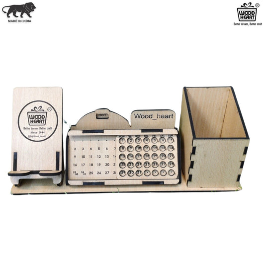 WoodHeart 3-in-1 Wooden Desk Organizer with Calendar, Pen Stand & Mobile Holder