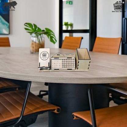 WoodHeart 3-in-1 Wooden Desk Organizer with Calendar, Pen Stand & Mobile Holder