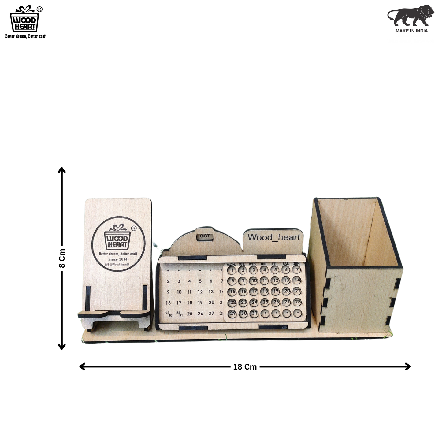 WoodHeart 3-in-1 Wooden Desk Organizer with Calendar, Pen Stand & Mobile Holder