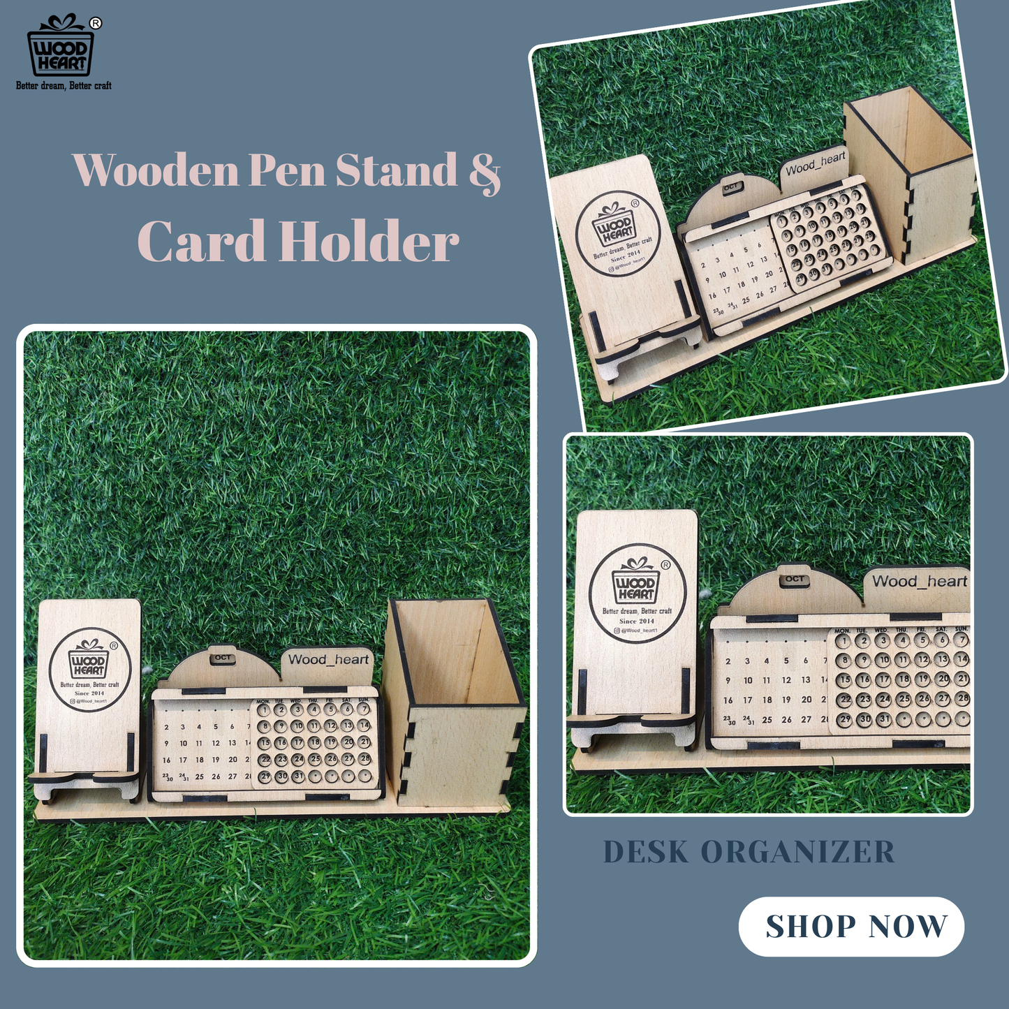 WoodHeart 3-in-1 Wooden Desk Organizer with Calendar, Pen Stand & Mobile Holder