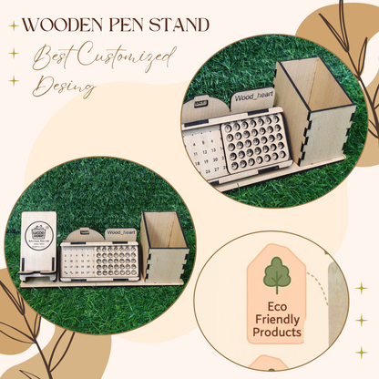 WoodHeart 3-in-1 Wooden Desk Organizer with Calendar, Pen Stand & Mobile Holder