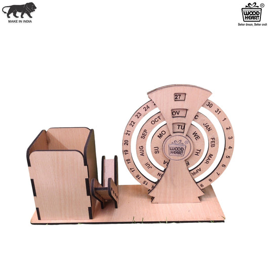 WoodHeart Rotating Wooden Desk Organizer with Circular Perpetual Calendar
