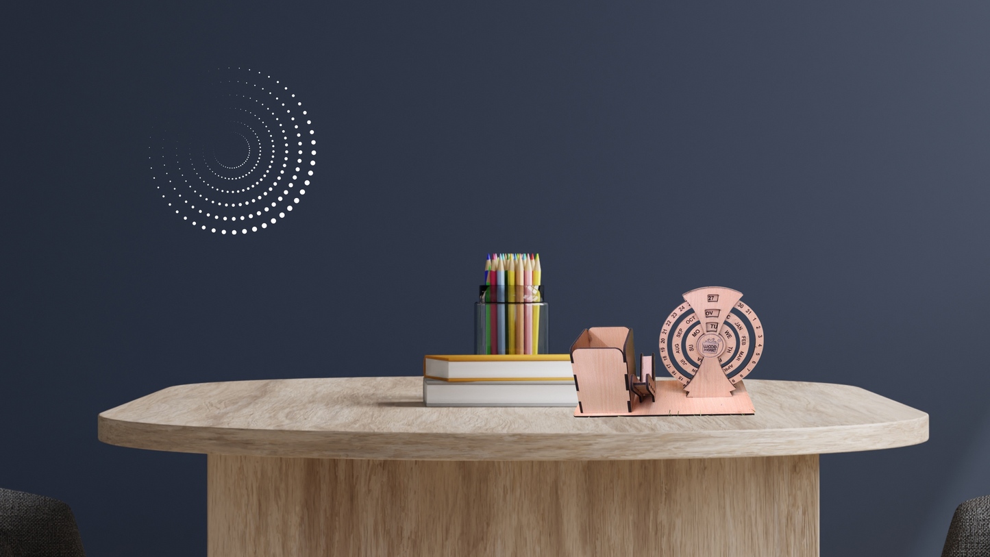 WoodHeart Rotating Wooden Desk Organizer with Circular Perpetual Calendar