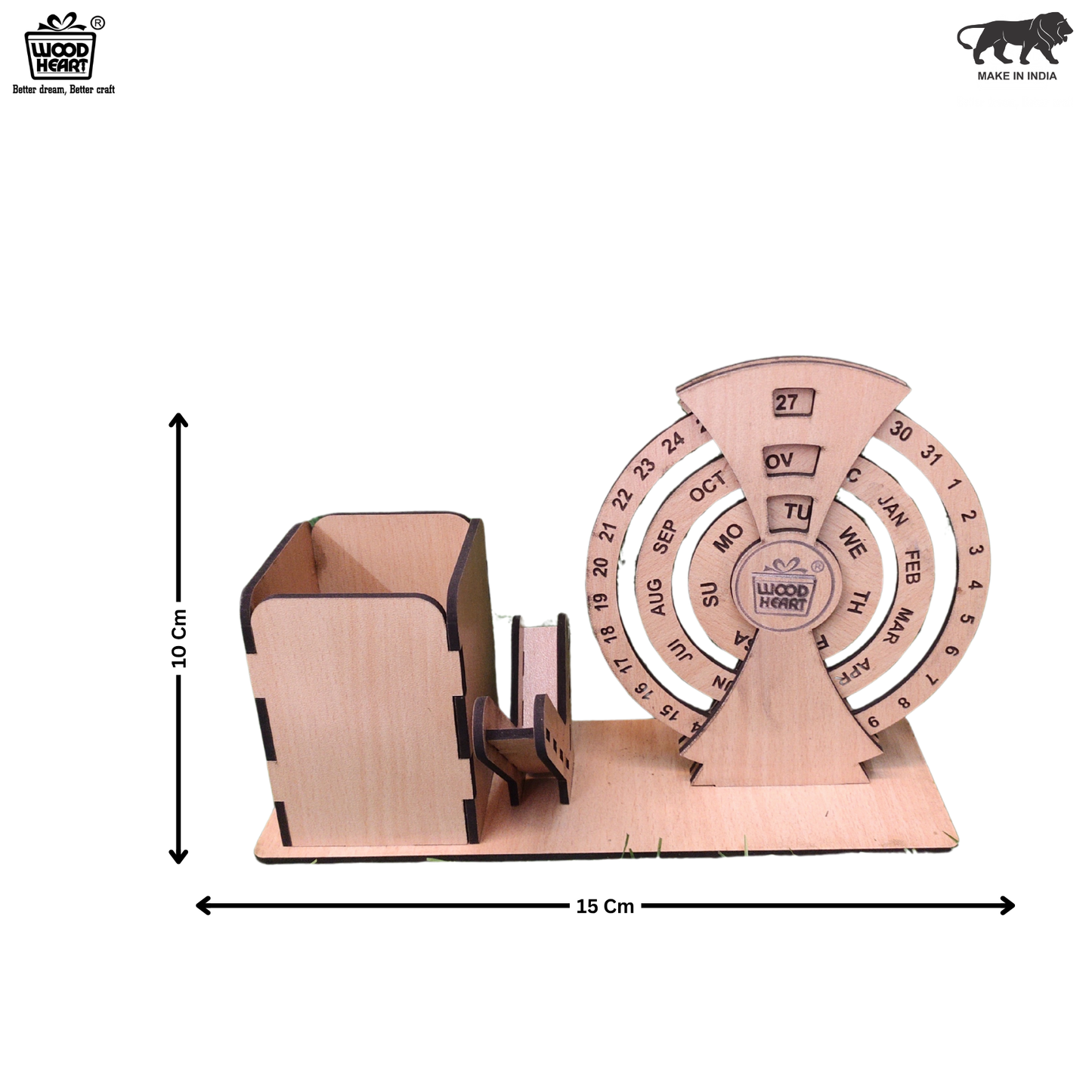 WoodHeart Rotating Wooden Desk Organizer with Circular Perpetual Calendar