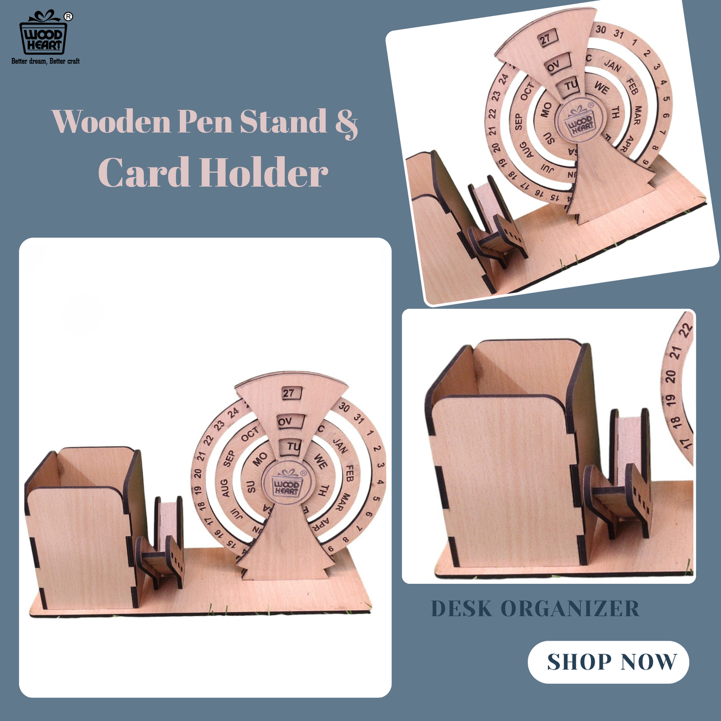 WoodHeart Rotating Wooden Desk Organizer with Circular Perpetual Calendar