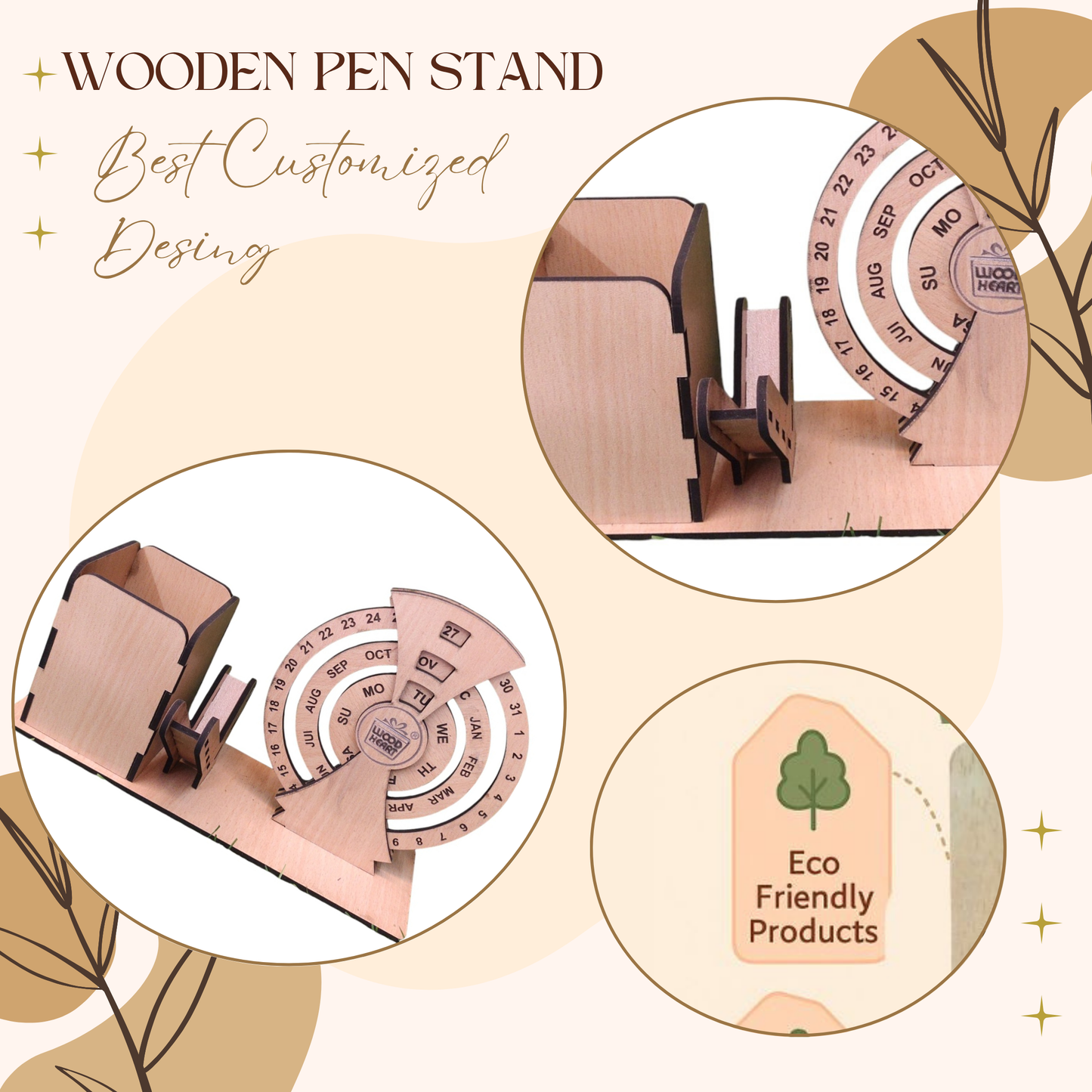 WoodHeart Rotating Wooden Desk Organizer with Circular Perpetual Calendar