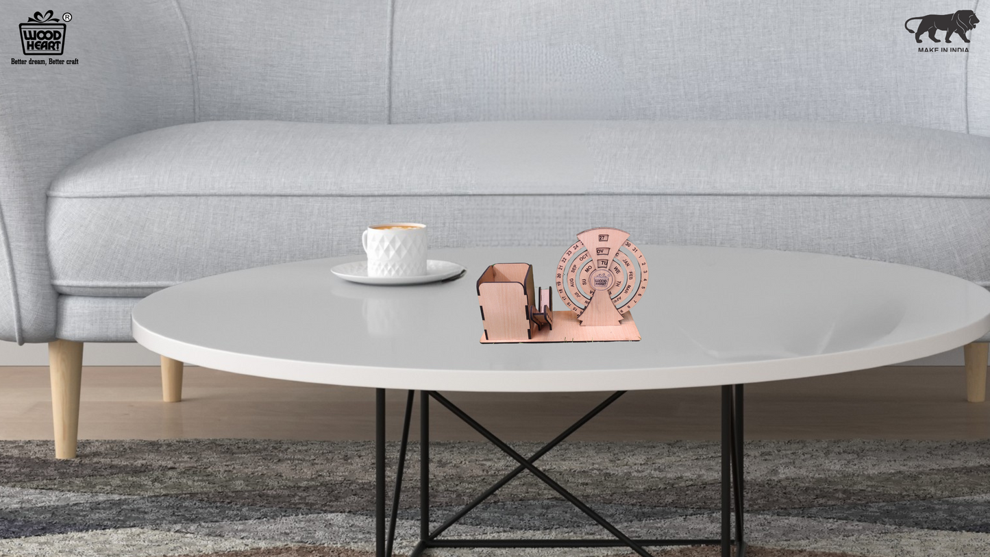 WoodHeart Rotating Wooden Desk Organizer with Circular Perpetual Calendar