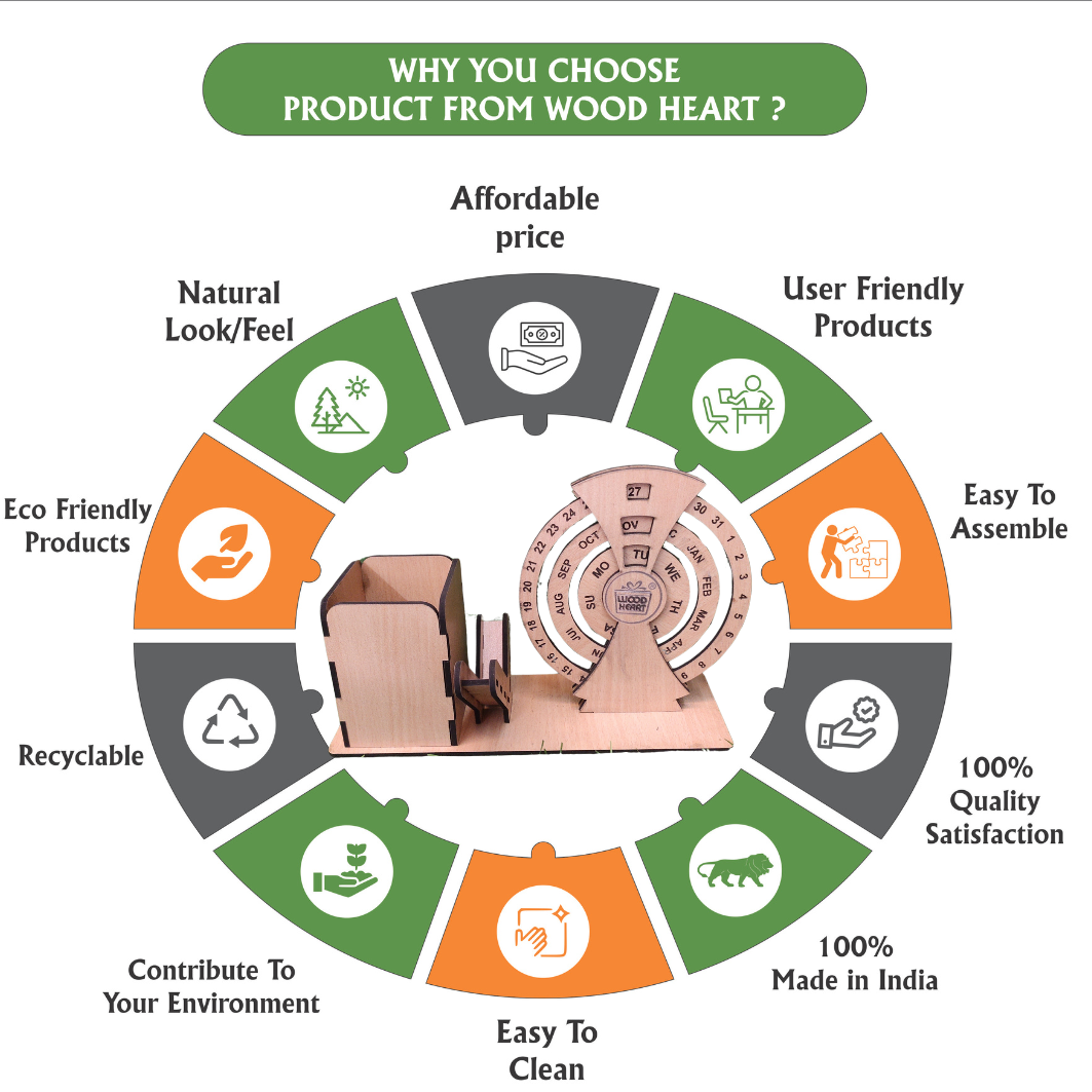 WoodHeart Rotating Wooden Desk Organizer with Circular Perpetual Calendar