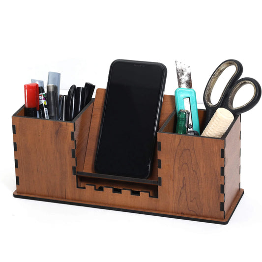 WoodHeart Dual Pen Holder with Mobile Stand – Classic Walnut Finish