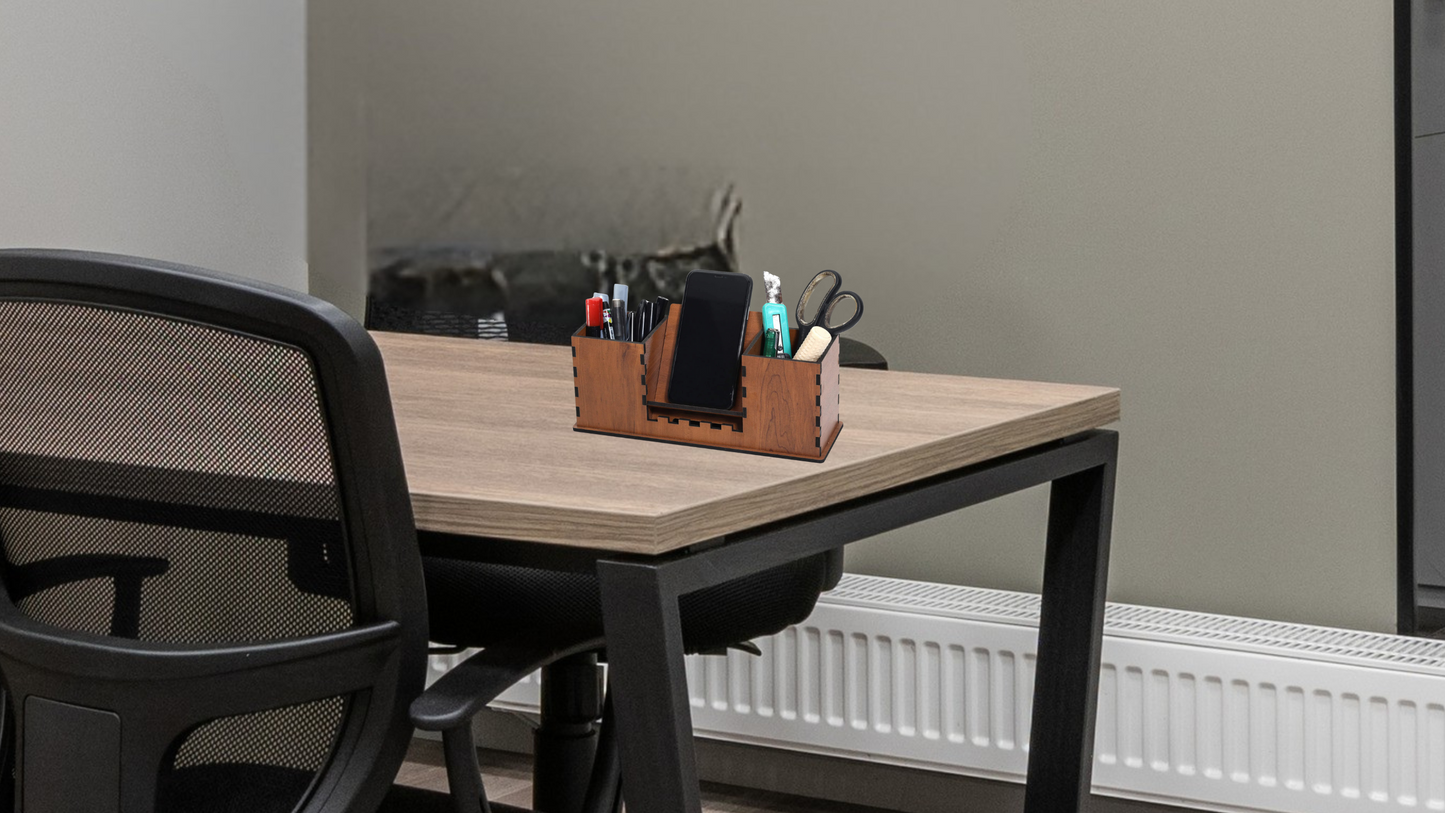 WoodHeart Dual Pen Holder with Mobile Stand – Classic Walnut Finish