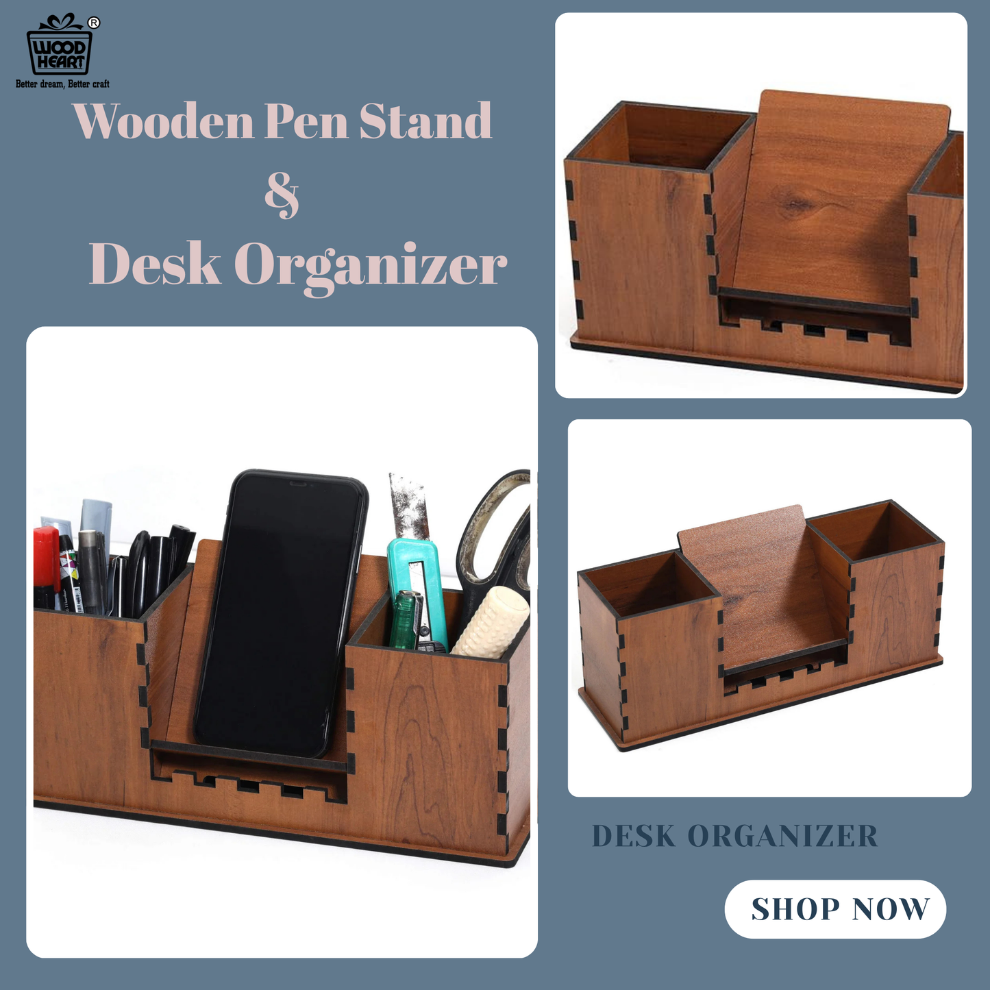 WoodHeart Dual Pen Holder with Mobile Stand – Classic Walnut Finish