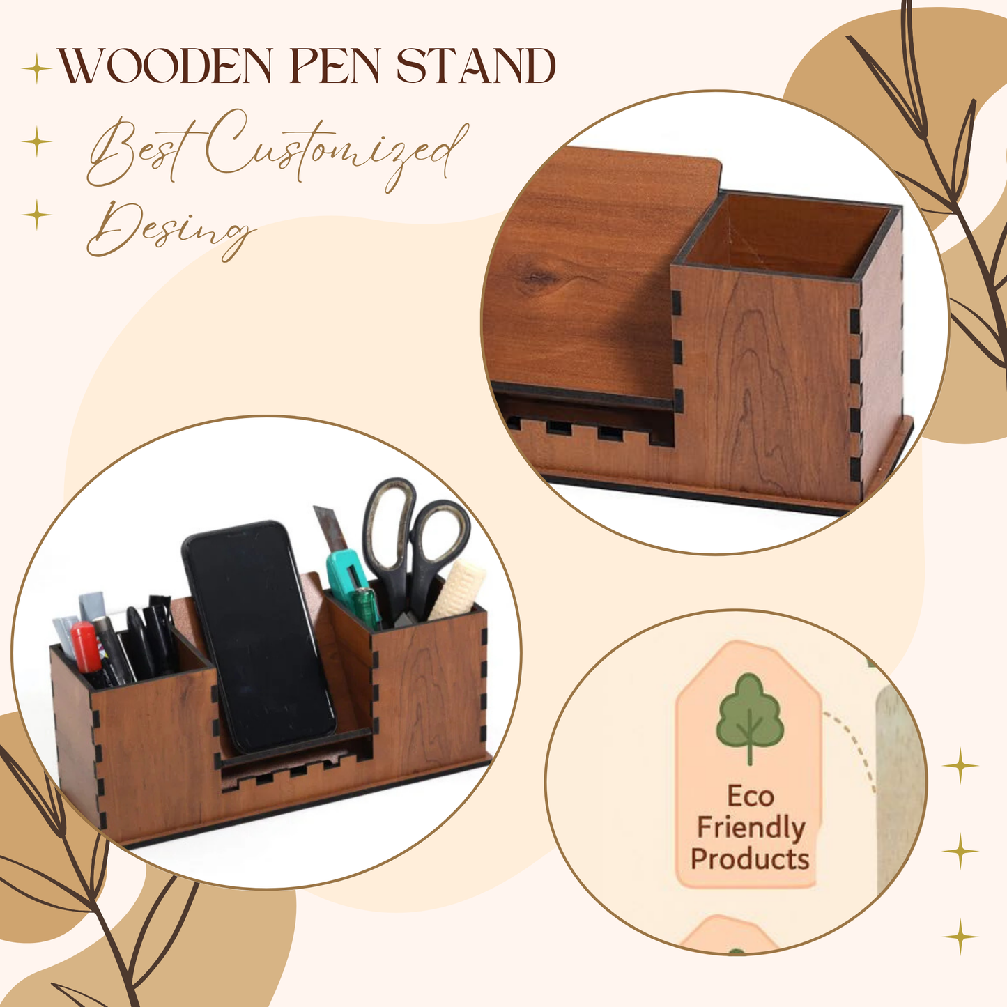 WoodHeart Dual Pen Holder with Mobile Stand – Classic Walnut Finish