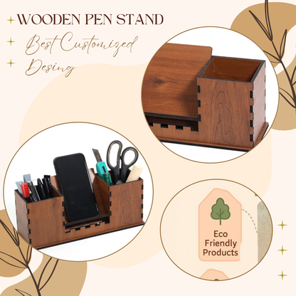 WoodHeart Dual Pen Holder with Mobile Stand – Classic Walnut Finish