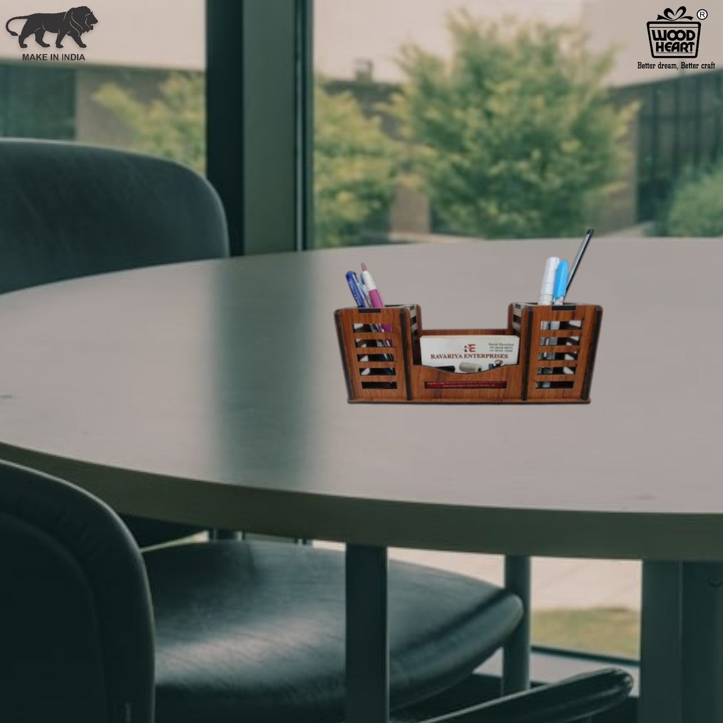 WoodHeart Twin Pen Holder with Business Card Stand