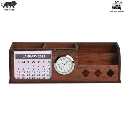 WoodHeart Multifunctional Wooden Desk Organizer with Calendar & Clock