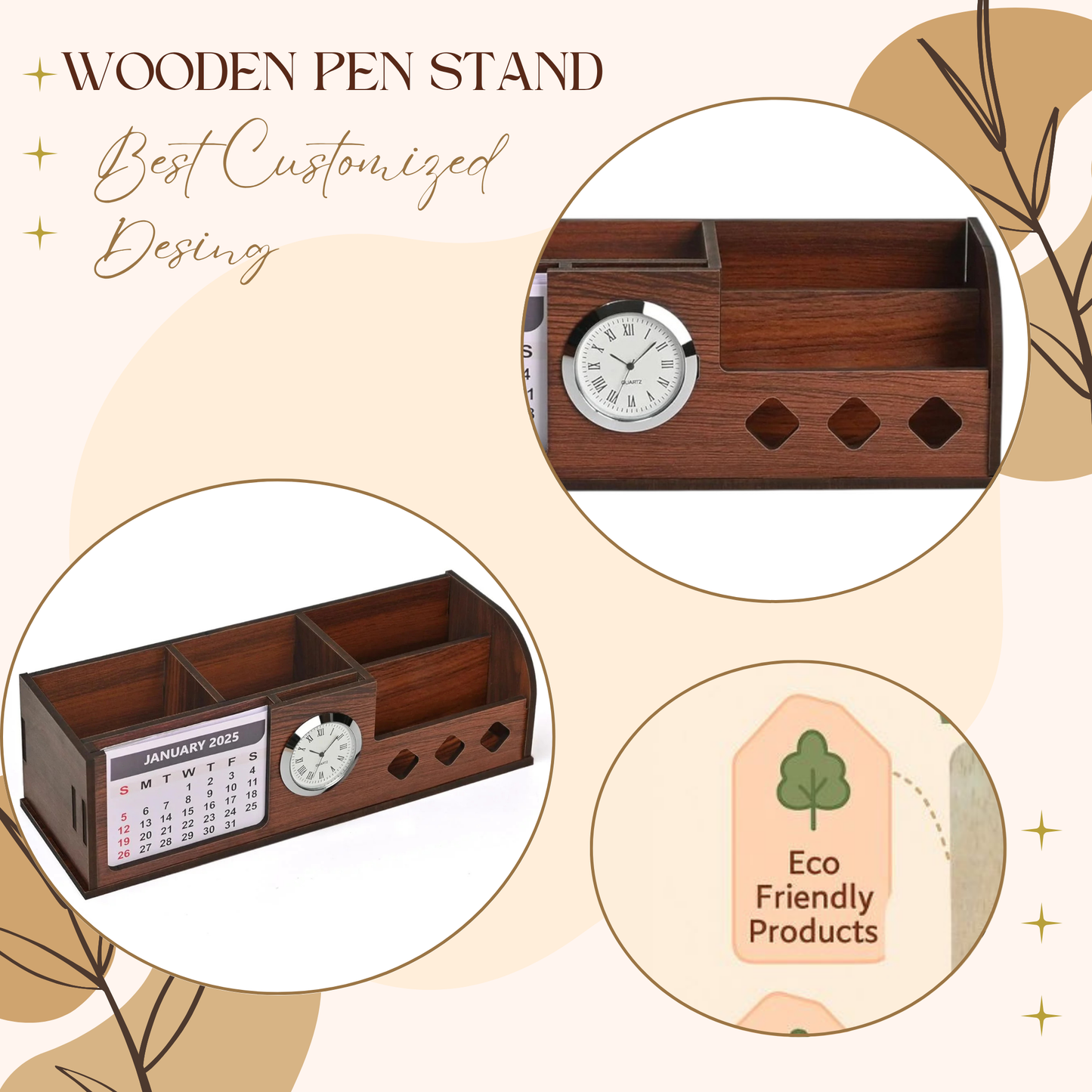 WoodHeart Multifunctional Wooden Desk Organizer with Calendar & Clock