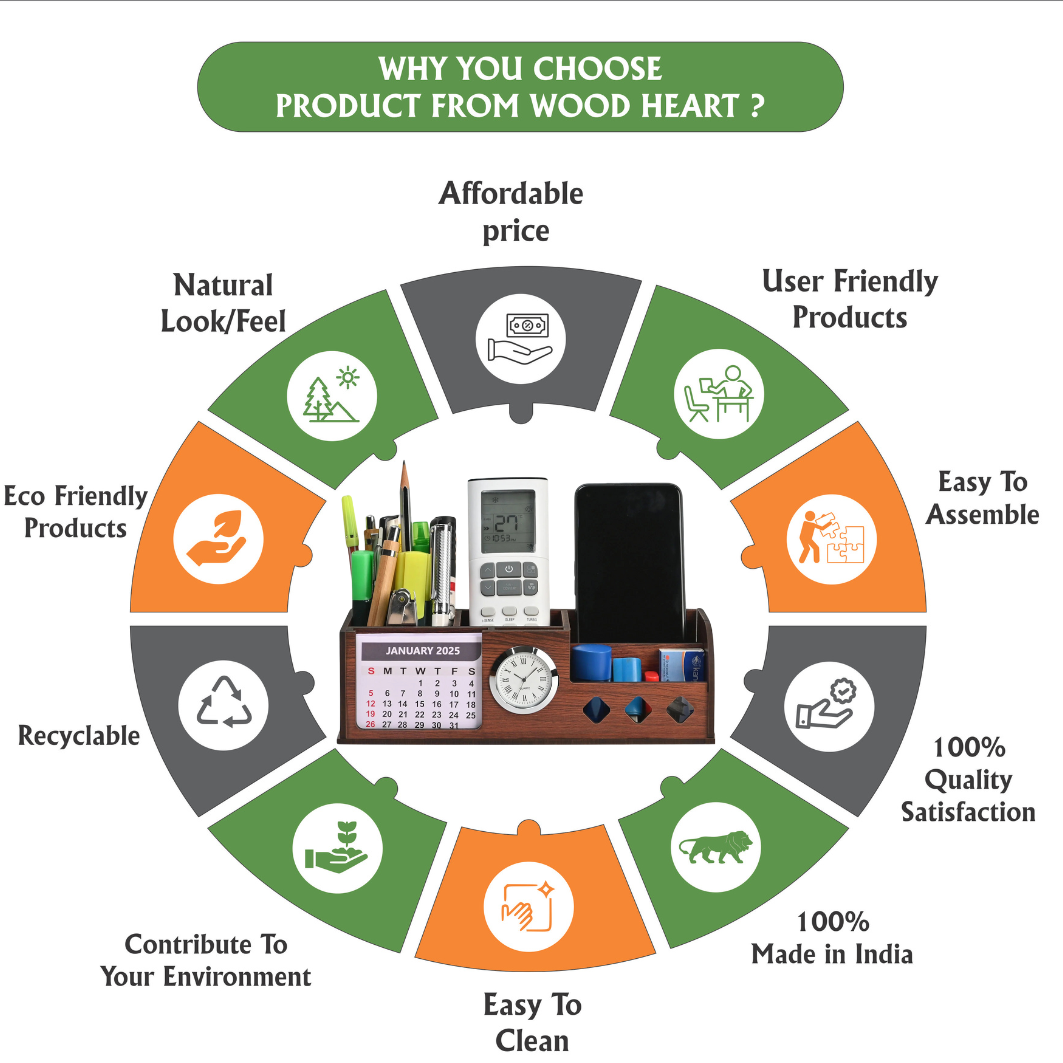 WoodHeart Multifunctional Wooden Desk Organizer with Calendar & Clock