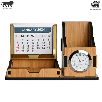 WoodHeart Dual Utility Wooden Desk Organizer with Clock & Calendar