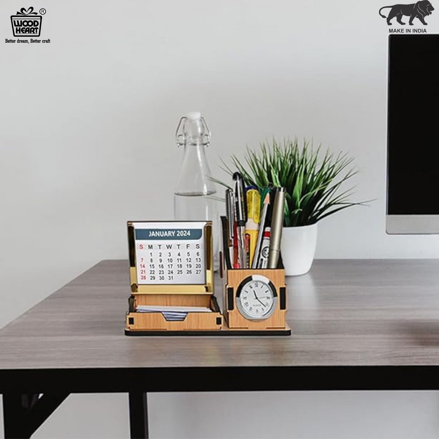 WoodHeart Dual Utility Wooden Desk Organizer with Clock & Calendar