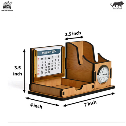 WoodHeart Dual Utility Wooden Desk Organizer with Clock & Calendar