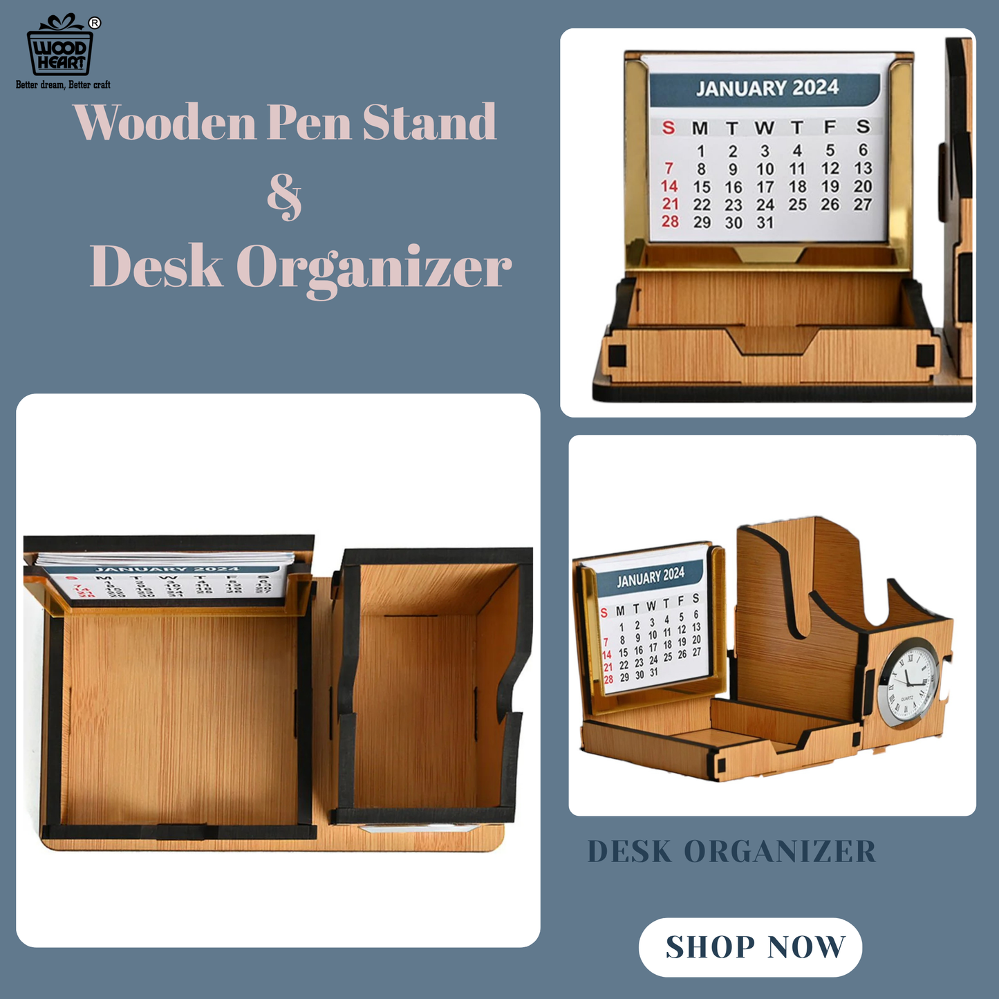 WoodHeart Dual Utility Wooden Desk Organizer with Clock & Calendar