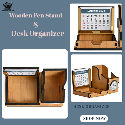 WoodHeart Dual Utility Wooden Desk Organizer with Clock & Calendar