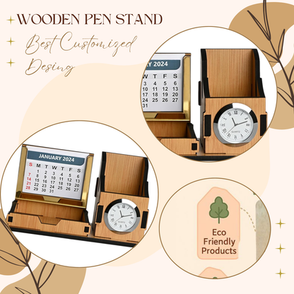 WoodHeart Dual Utility Wooden Desk Organizer with Clock & Calendar