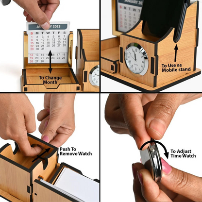 WoodHeart Dual Utility Wooden Desk Organizer with Clock & Calendar