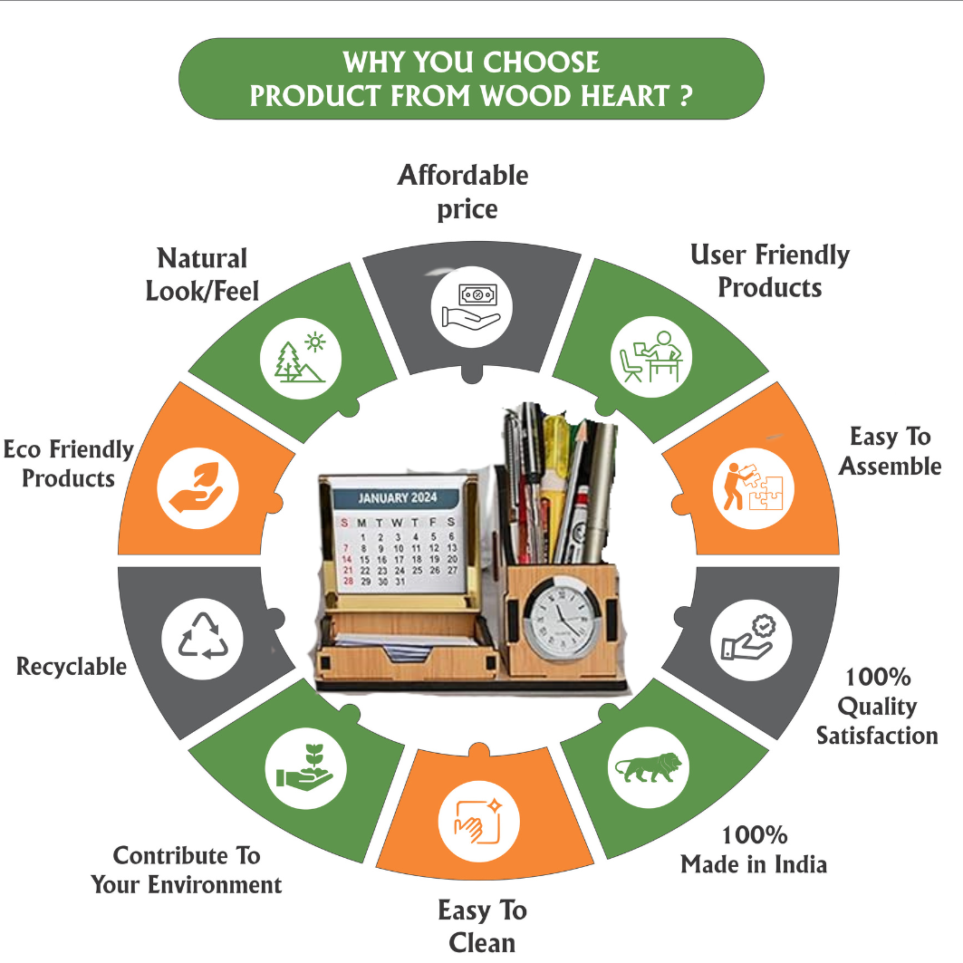 WoodHeart Dual Utility Wooden Desk Organizer with Clock & Calendar