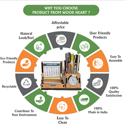 WoodHeart Dual Utility Wooden Desk Organizer with Clock & Calendar