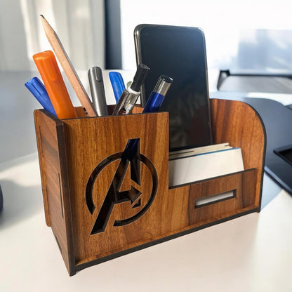WoodHeart Avengers Theme Wooden Desk Organizer with Mobile & Card Holder