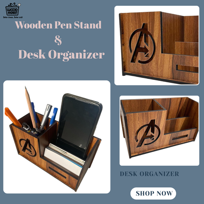 WoodHeart Avengers Theme Wooden Desk Organizer with Mobile & Card Holder