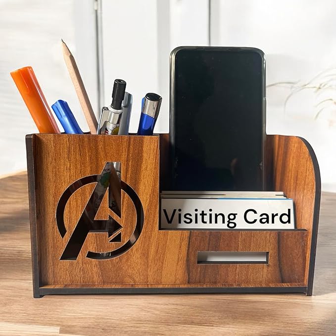 WoodHeart Avengers Theme Wooden Desk Organizer with Mobile & Card Holder