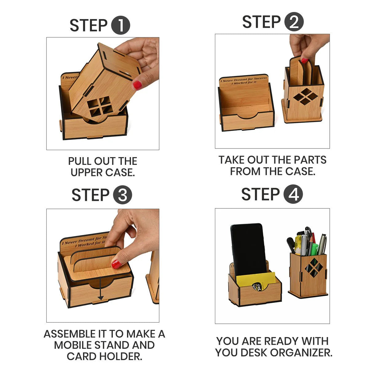 WoodHeart Wooden Desk Organizer Combo – Motivational Quote Edition