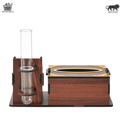 WoodHeart Wooden Tissue Box with Test Tube Flower Vase – Premium Desk Decor