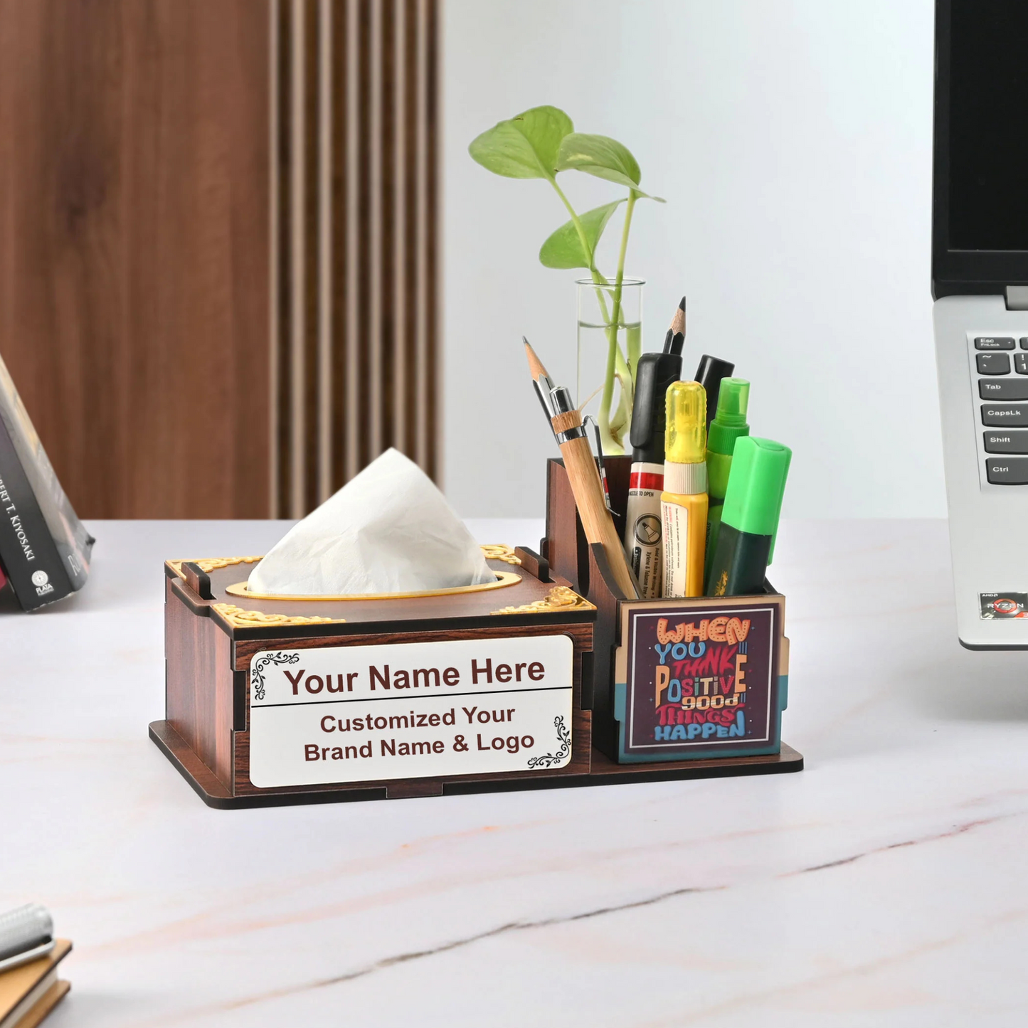 WoodHeart Wooden Tissue Box with Test Tube Flower Vase – Premium Desk Decor