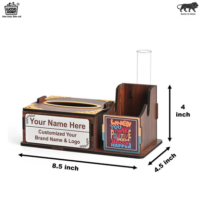 WoodHeart Wooden Tissue Box with Test Tube Flower Vase – Premium Desk Decor