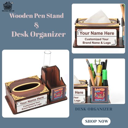 WoodHeart Wooden Tissue Box with Test Tube Flower Vase – Premium Desk Decor