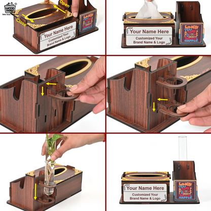 WoodHeart Wooden Tissue Box with Test Tube Flower Vase – Premium Desk Decor
