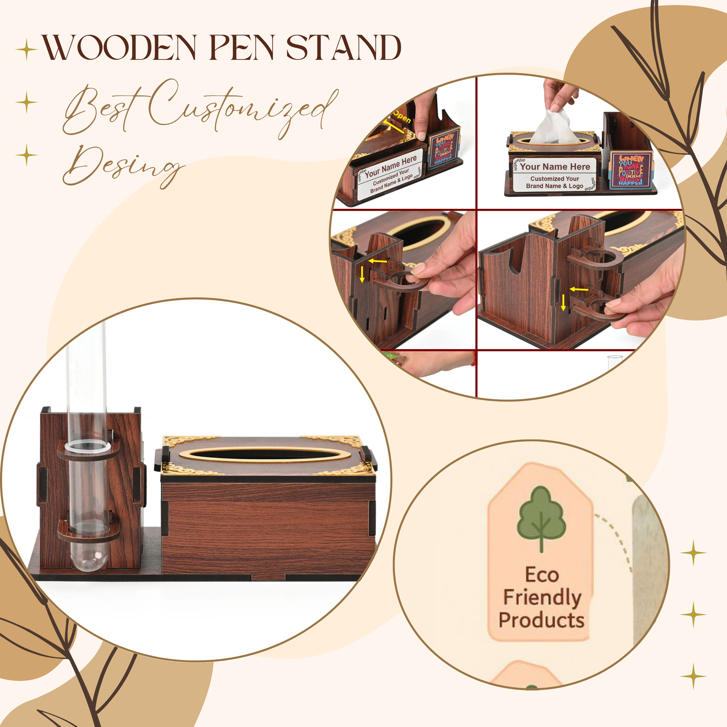 WoodHeart Wooden Tissue Box with Test Tube Flower Vase – Premium Desk Decor